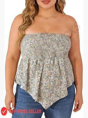 Plus Size Strapless Floral Tube Top Smocked Ruffle Peplum Tank Top